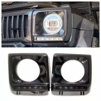 Mercedes-Benz W463 G-Wagon Carbon Fiber Front Headlight Covers with LEDs Set